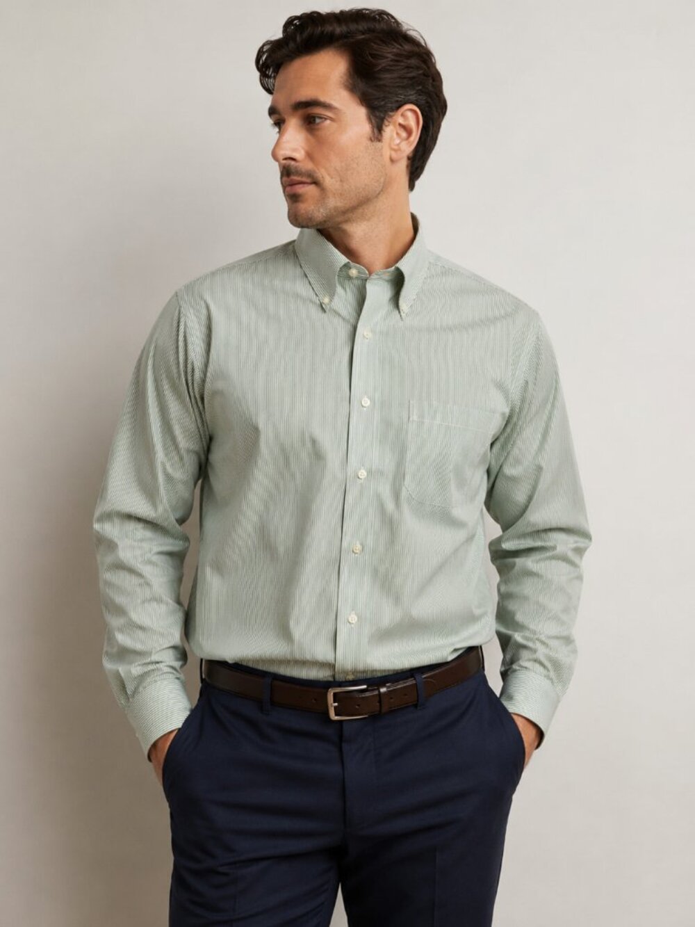 Brooks Brothers 1818 Classic Green Striped Supima Cotton Non-Iron Dress Shirt 18